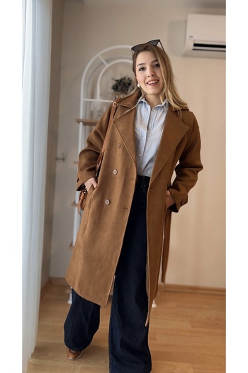 fidoş Women's Brown Suede Trench Coat with Belt and Lining