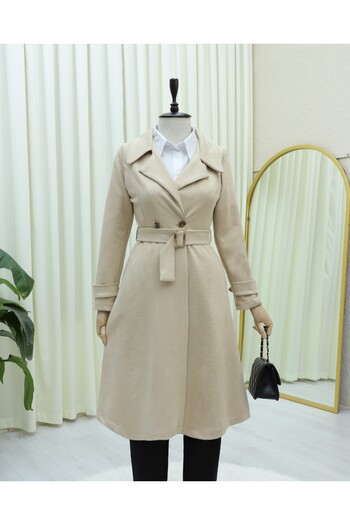 Modamorfo Beli Belted Pocketed Suede Cap - Beige