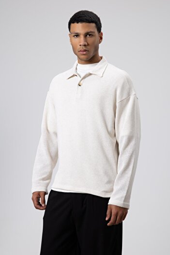 VAMOSCLO Oversize Polo Neck Knit Sweater Ecru