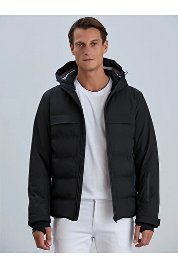 PIQUE Men's Ribbed Puffer Black Coat Santo with Hooded Print Detail