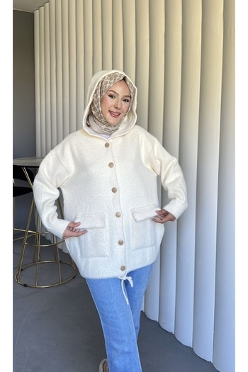 BZ BUTİK Angora Cardigan with Pockets and Hood