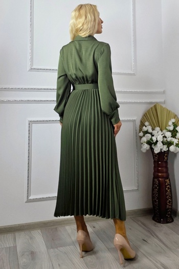FashionForYou NOVARA long pleated dress, wrap effect and lapels, Khaki Green, Size S/M