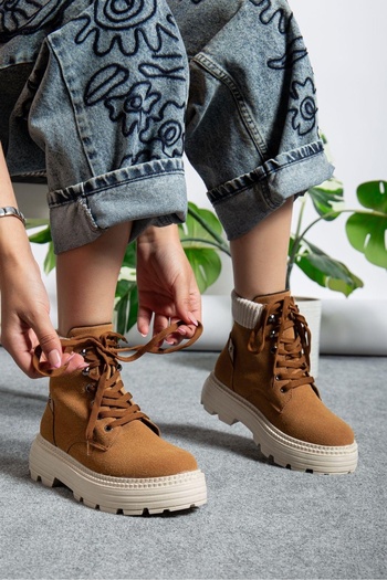 pabucmarketi Lace-Up High Sole Women's Worker Boots Camel Suede