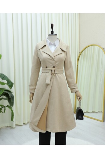 Modamorfo Beli Belted Pocketed Suede Cap - Beige