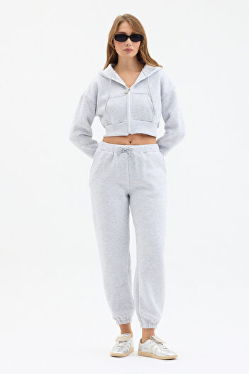 MODA FARİZE Three Thread Cotton Crop Cardigan Sweatpants Top and Bottom Set