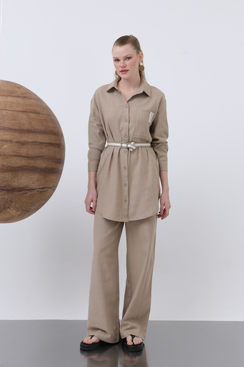 Modamorfo Women's Linen Suit with Belt Detail and Trousers - 14313Tks