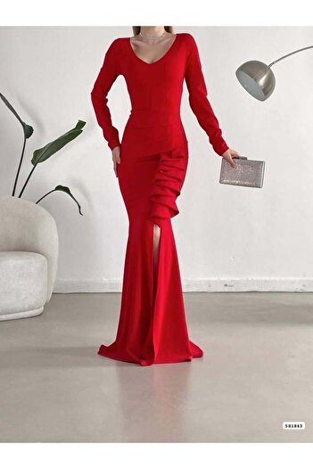 Modafeminen V-neck slit long evening dress with ruffle detail in stretch crepe fabric 581843 red