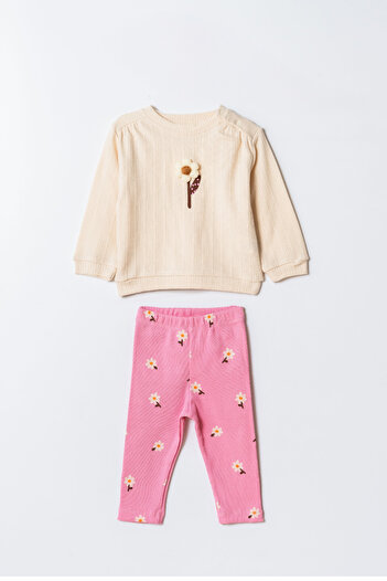 Magu Girls' Cotton Cream Sweatshirt and Pink Floral Pattern Leggings Two-Piece Set