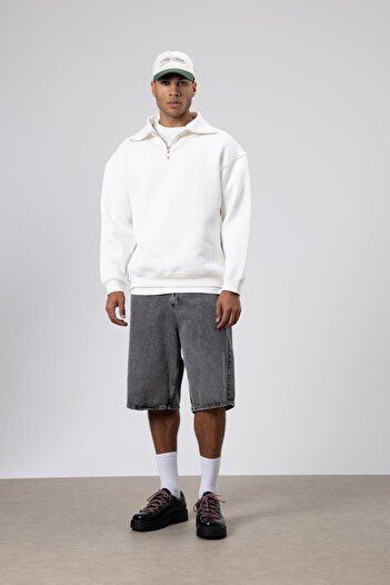 VAMOSCLO Basic Zippered Stand Collar Sweatshirt Ecru