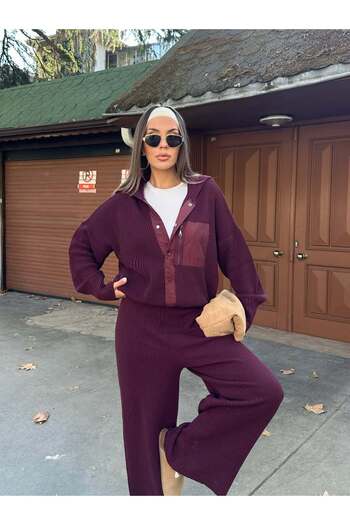 manana fashion Burgundy Zippered Granite Knitwear Oversize Pants Cardigan Bottom-Top Set