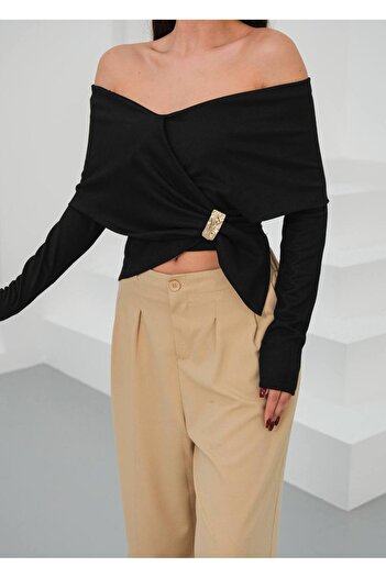 MY DEPO Women's Off-The-Shoulder Shawl Collar Long Sleeve Double-Breasted Metal Buckle Stylish Blouse