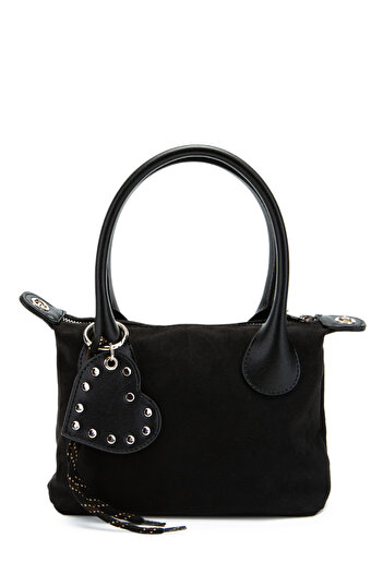 minebag Heart Charm Detailed Suede Winter Crossbody Bag Black