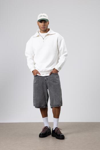 VAMOSCLO Basic Zippered Stand Collar Sweatshirt Ecru