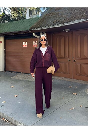 manana fashion Burgundy Zippered Granite Knitwear Oversize Pants Cardigan Bottom-Top Set