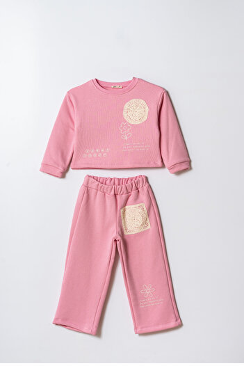 Magu Girls' Cotton Pink Lace Detailed Sweatshirt and Sweatpants Two-Piece Set