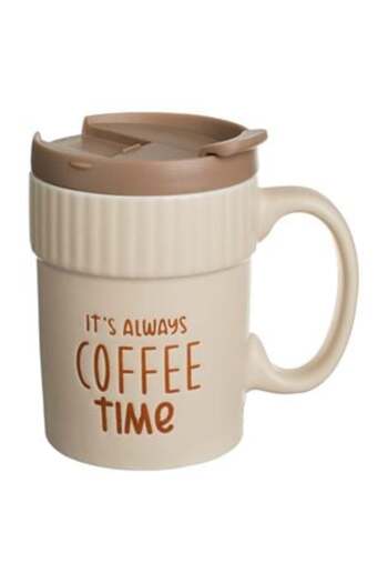 OEM Beige New Bone Mug 'Coffee Time' with Brown Lid 400 ml