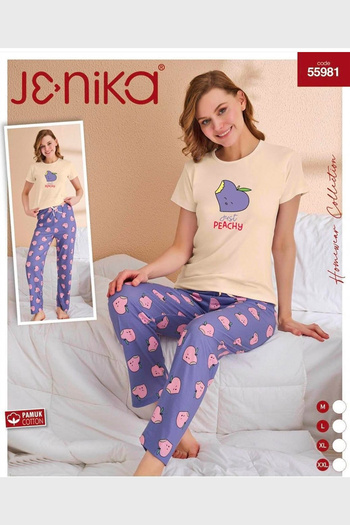 JENİKA Women's Short Sleeve Peach Patterned Pajama Set