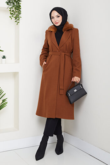 Pamuk Butik Women's Fur Detailed Belted Lined Cashmere Coat