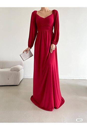 Modafeminen Sandy Stretch Fabric Shoulder Front Gather Detailed Evening Dress 582672 Bordo