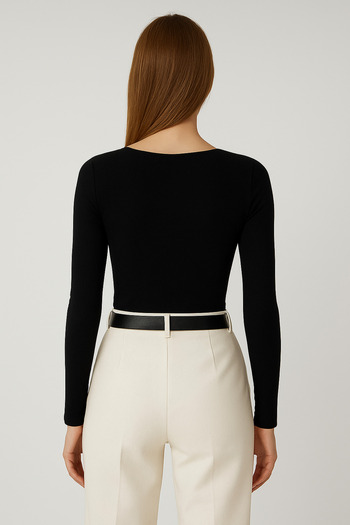 glanour Black Ribbed Blouse V-Neck Long Sleeve Bodysuit