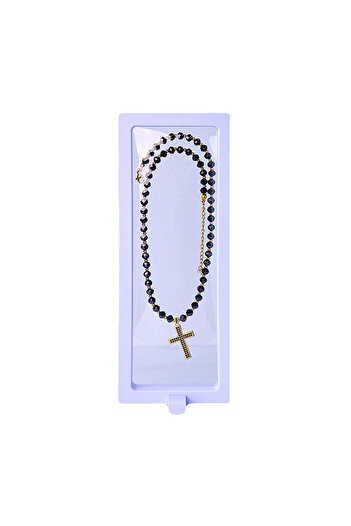 velve Unisex stainless steel necklace, Desire, rosary type, with cross pendant, Small crystals