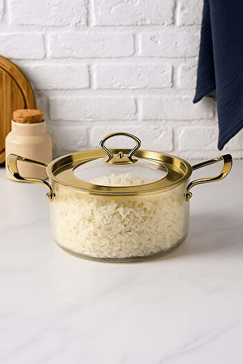 Jenisa 2.5 Lt. Heat Resistant Pot with Gold Lid and Gold Handle – Transparent Borosilicate Glass Cooking Set