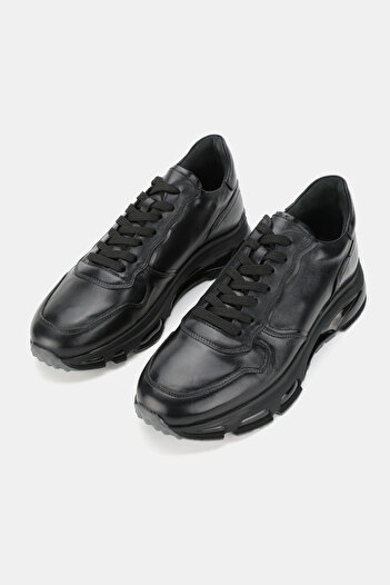 TUNAELLİ Men's Black Genuine Natural Leather Size 39-46 Eva Sole Lace-Up Sneaker Shoes