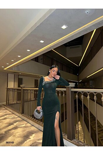 Modafeminen Flowers Stretch Fabric Collar Pearl Detailed Slit Evening Dress 583142 Emerald