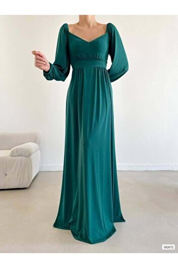 Modafeminen Sandy Stretchy Fabric Shoulder Front Gather Detailed Evening Dress 582672 Emerald