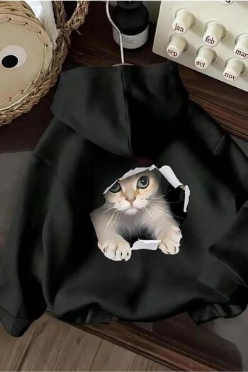 Oksit Caty Cat Back Printed Unisex Sweatshirt with Cotton Inside