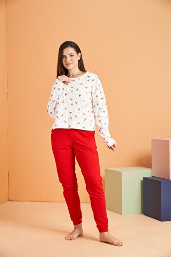 PJS Women's Round Neck Pocket Cuff Leg Long Sleeve Pajama Set 100% Cotton