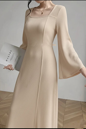 missamour Women's Beige Floral Spanish Sleeve Dress