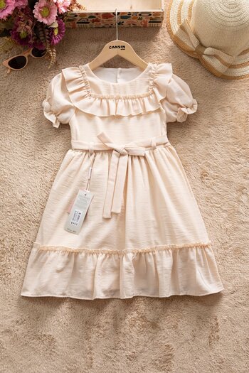 Cansın Mini Beige Ruffle Detailed Short Sleeve Girls Pleated Dress 22654