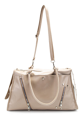 minebag Zipper Detailed Patent Leather Tim Handbag Beige