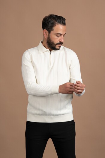 ADVANTE Zippered Polo Neck Polyamide Fabric Self-Striped Lycra Knitwear Sweater