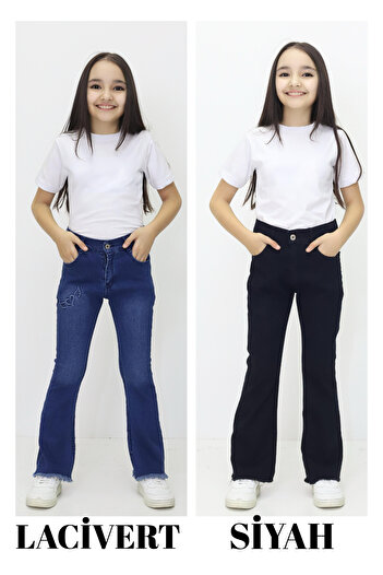 BeModal Kız Çocuk Kot Pantolon Lacivert-Siyah İki Adet Jeans Kalp Kabartma Detaylı (2 ADET - 2 RENK)