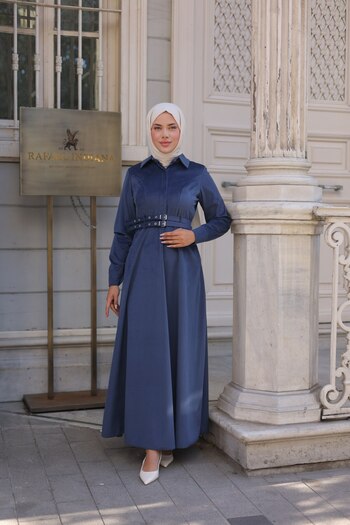 By Pommes Life Women's Half Placket Buttoned Double Belted Corduroy Hijab Dress