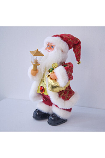 velve Santa Claus Gold, animated, singing and dancing, with bag and vintage lantern, festively dressed, 27cm
