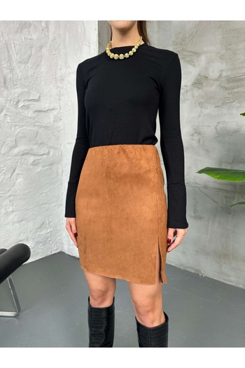Elif Özbey Butik Tan Slit Suede Skirt