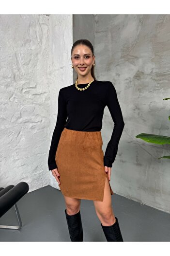 Elif Özbey Butik Tan Slit Suede Skirt