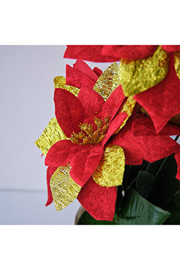 velve Floral arrangement with Handcrafted Santa Claus in a pot with penguins, Gold - Red, 30cm