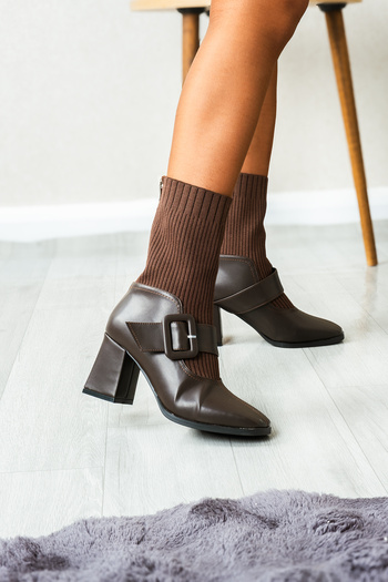 ODESSO Brown Knitwear Ankle Buckle Thick Heel Women's Boots