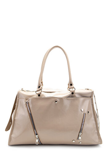 minebag Zipper Detailed Patent Leather Tim Handbag Beige