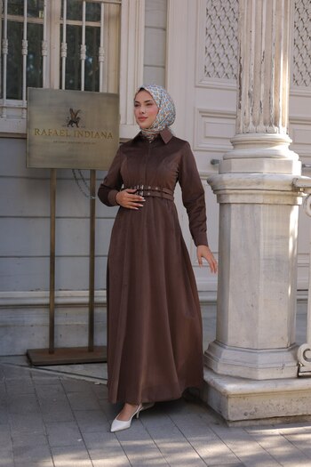 By Pommes Life Women's Half Placket Buttoned Double Belted Corduroy Hijab Dress