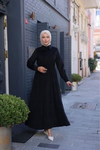 By Pommes Life Women's Half Placket Buttoned Lace-Up Corduroy Hijab Dress
