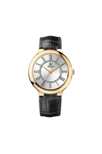everd Men's Watch Brand, Black Leather, White Dial, Gold Frame