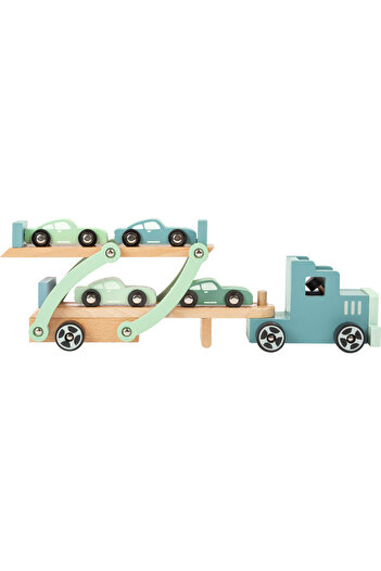 Small Foot Transportator de masini, Camion din lemn, 4 masinute incluse, Jucarie din lemn, Chicago
