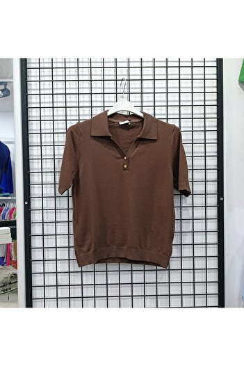 Butik Şans Button Detailed Shirt Collar Lycra Knitwear Blouse