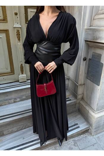 Julidress Black Leather Corset Waist Tie Maxi Long Premium Dress