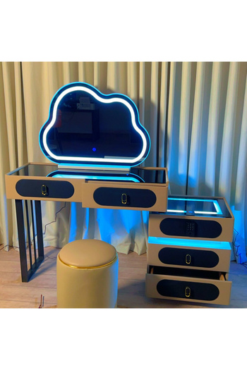 Un Modern makeup vanity with fingerprint safe, wireless charger and luxurious design